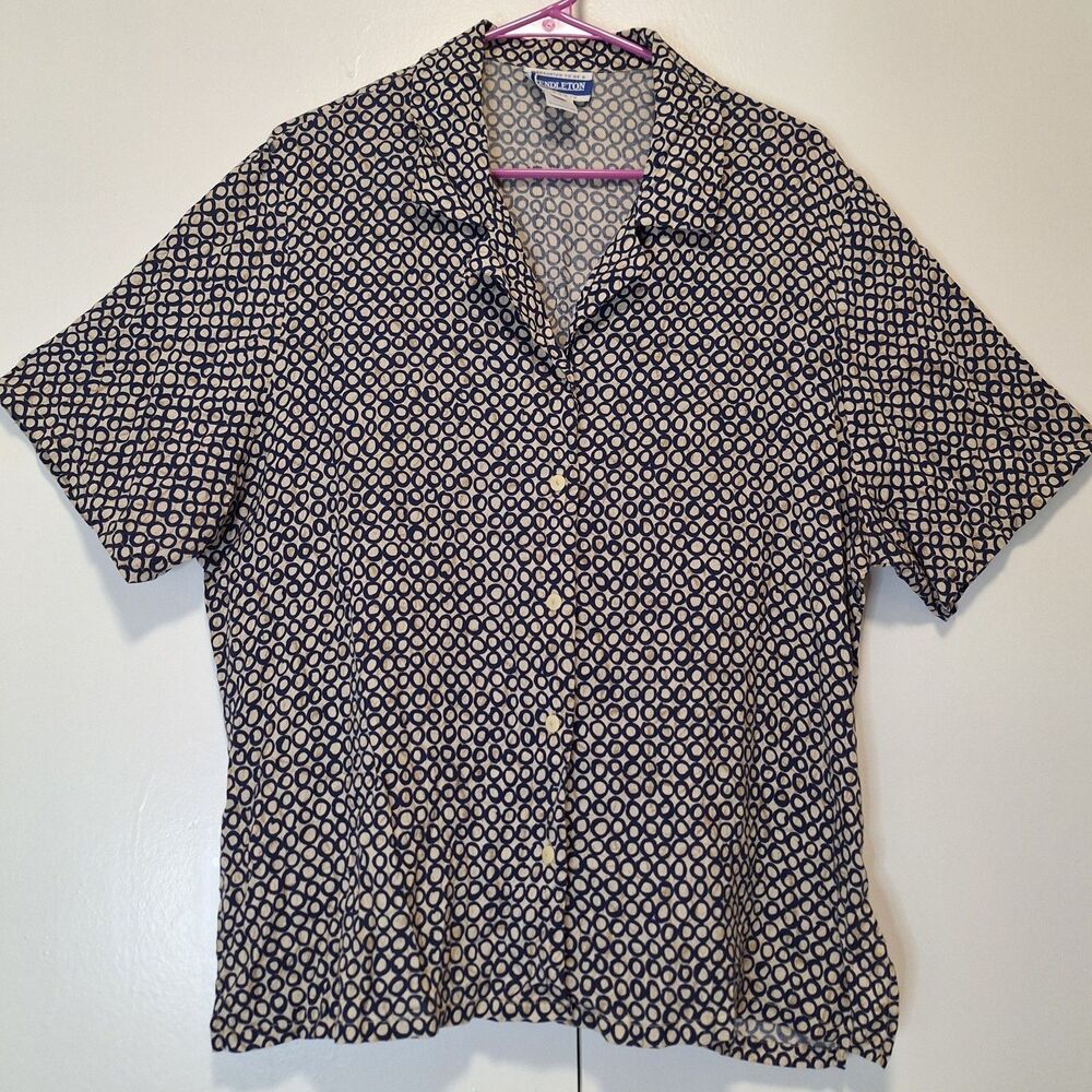 Pendleton Womens Button Up Blouse Circle Pattern Size 14 Blue Navy Tan